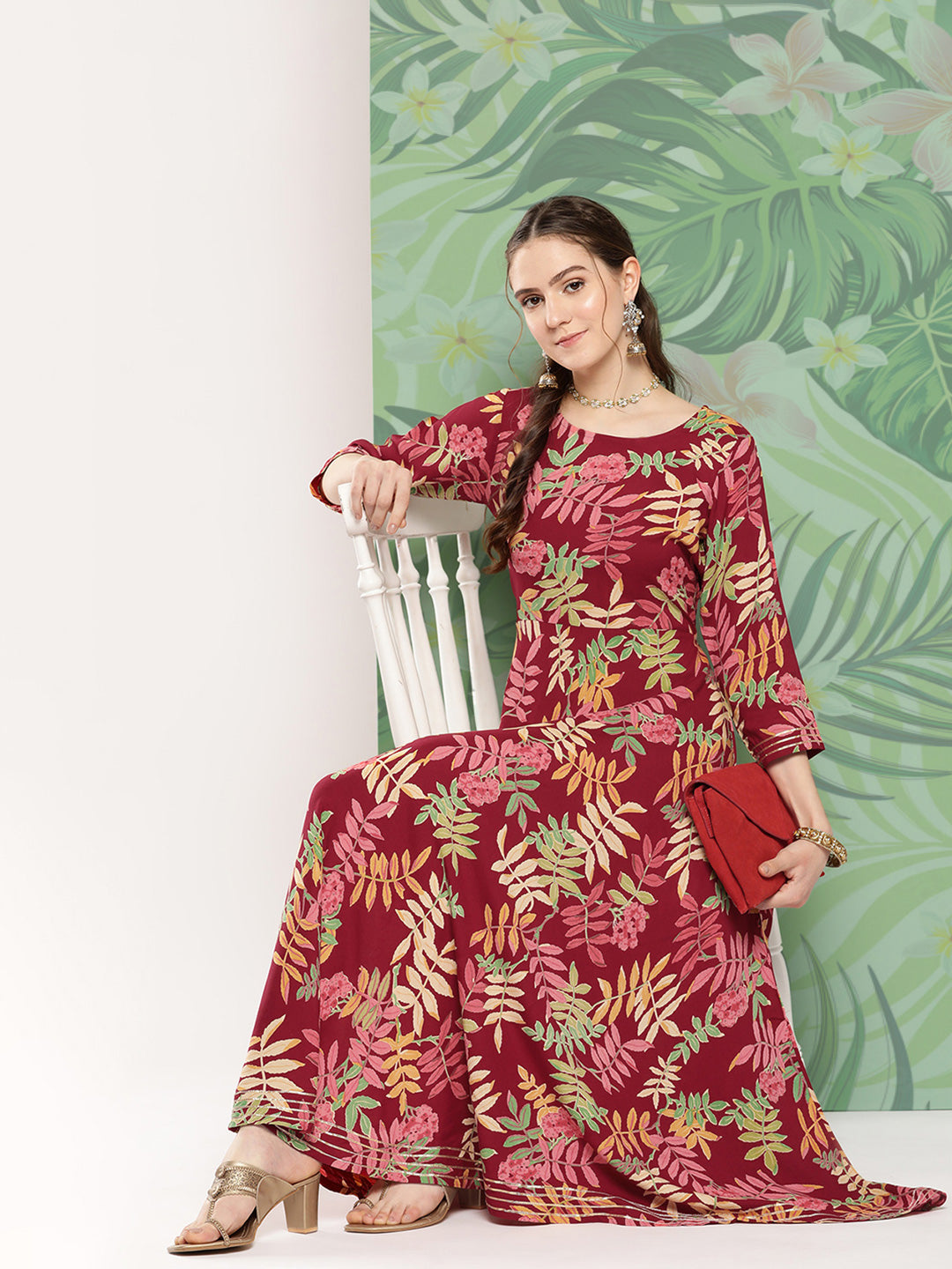 Red Tropical Print Gota Long Dress