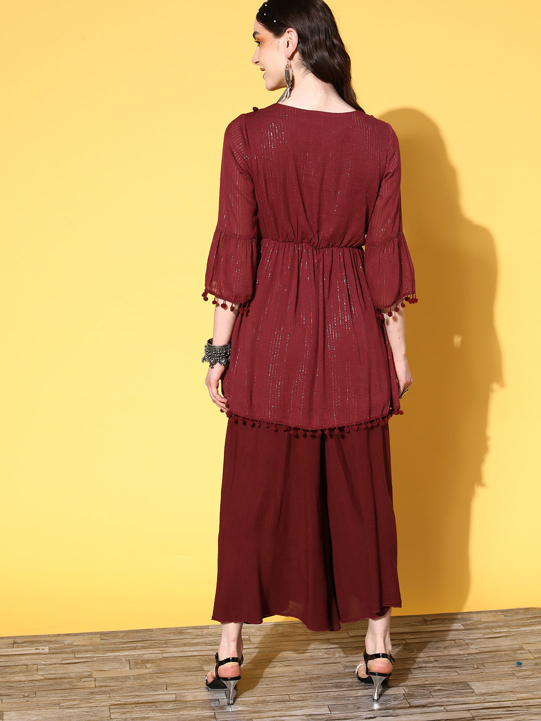 Maroon Lurex Lace Dress Palazzo Co-Ord Set