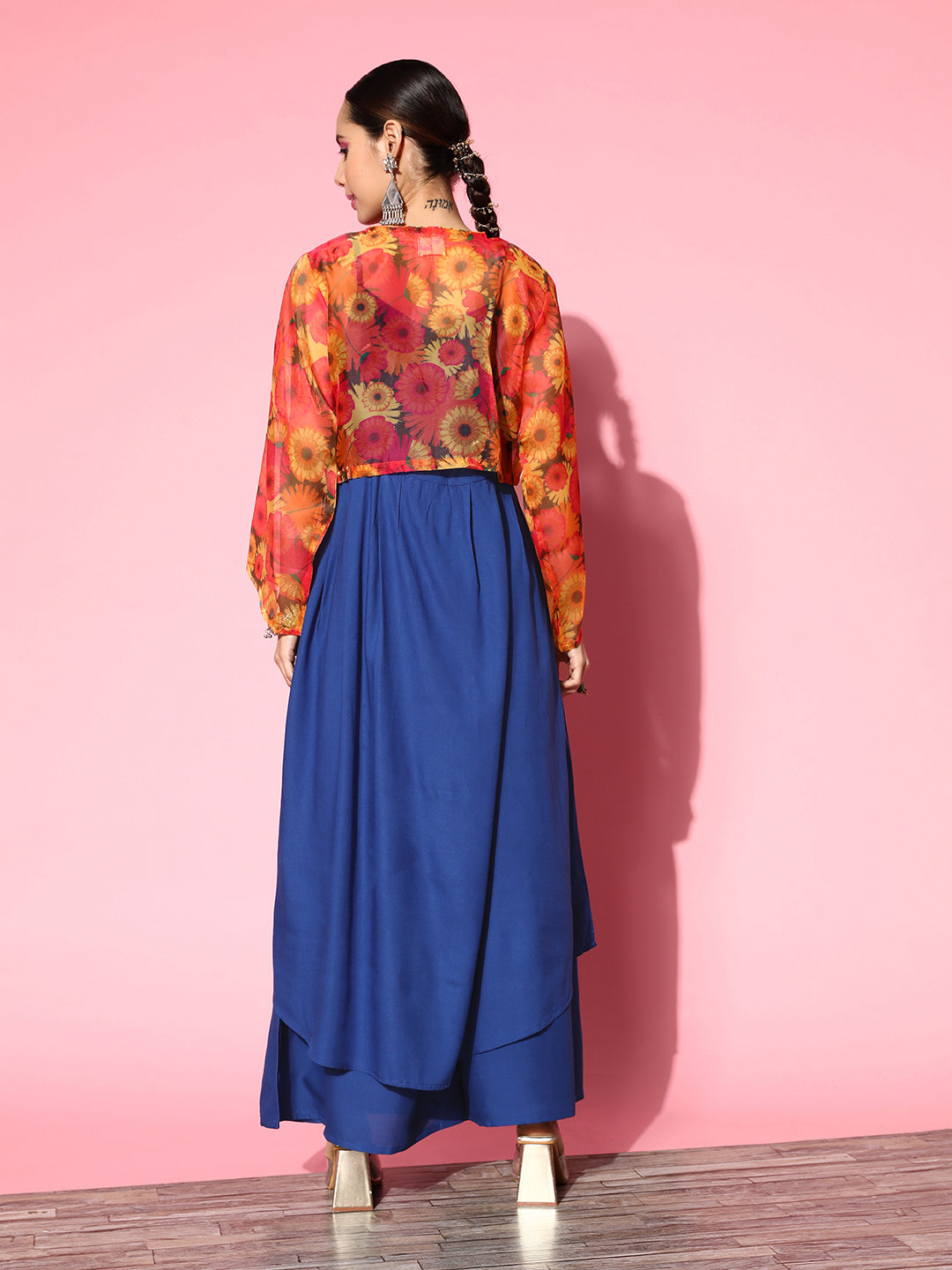 INK BLUE STRAPPY SET WITH PINK MUSTARD PRINT SHORT ORGANZA CAPE