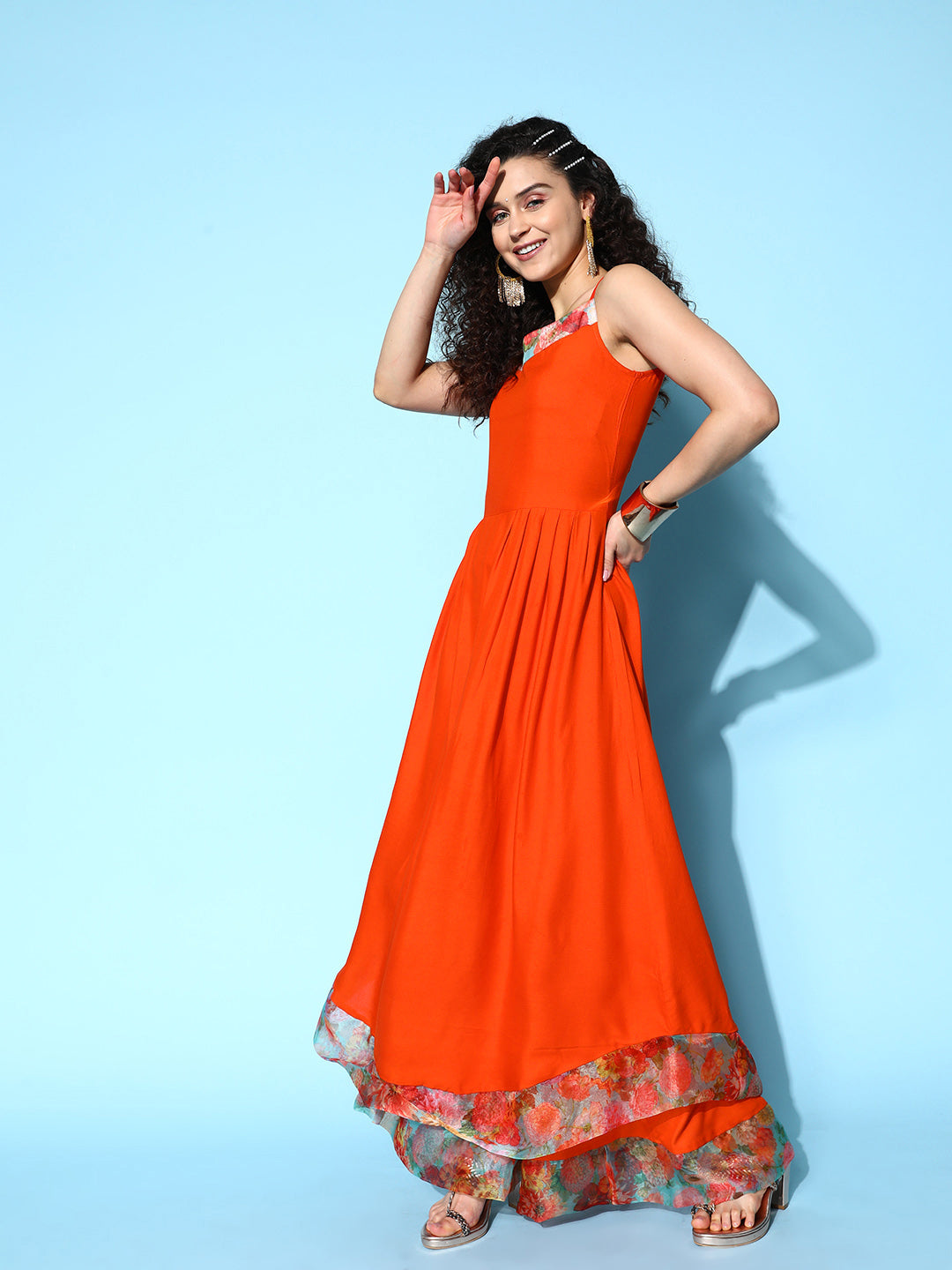 Orange Strappy Organza Border Kurta Set With Dupatta