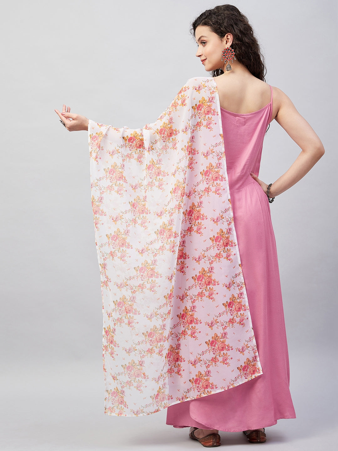 Light Pink Strappy Set W Cream Orange Print Ge Dupatta