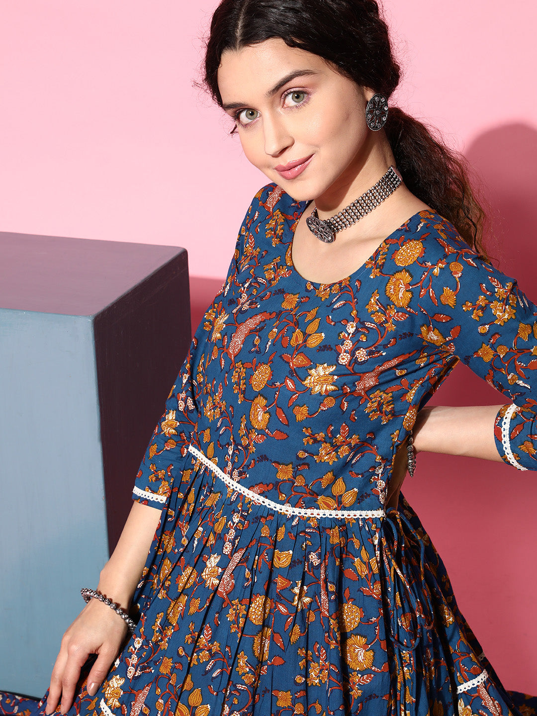 BLUE FLORAL PRINT DRESS WITH LACE InWeave1