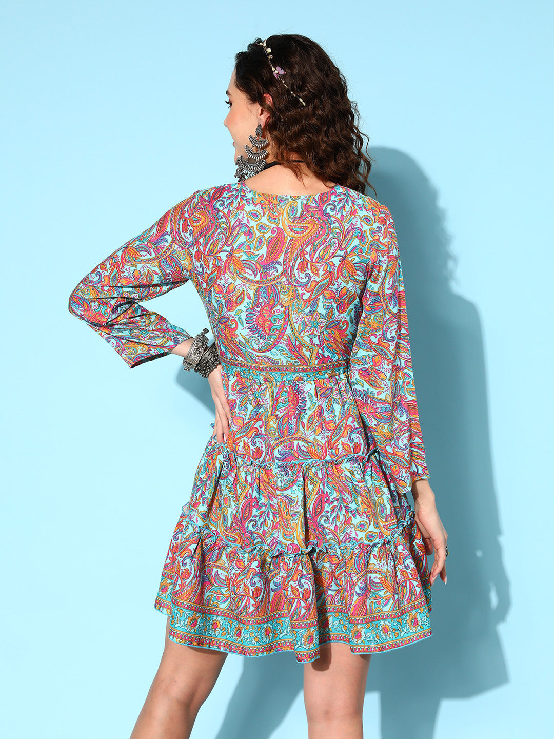 Teal Blue- Pink Paisley Print Tiered Dress