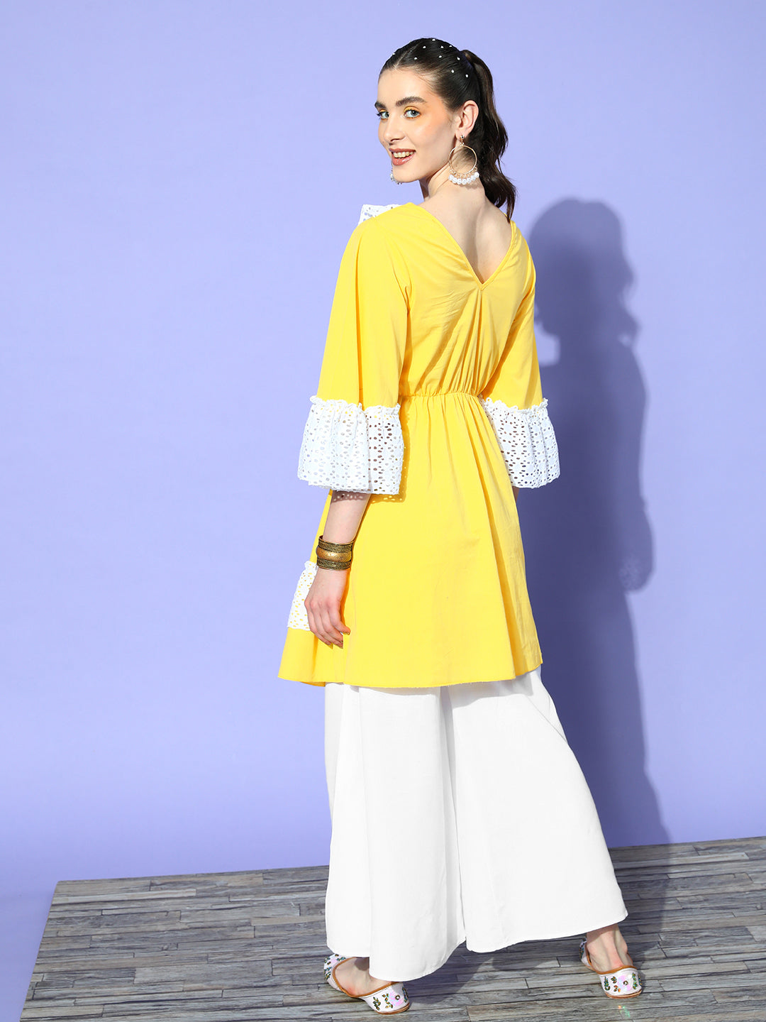 Yellow Lacy Work Dress Palazzo Co-Ord Set