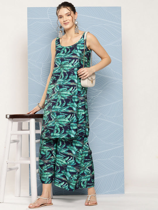 Navy Green Big Leaf Print Crepe Kurta Set