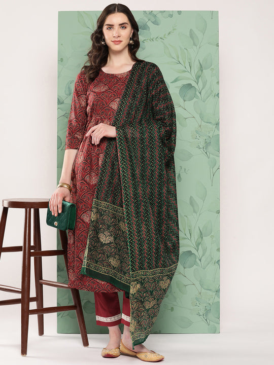 Long Kurta Set Rust Ajrakh With Green Ajrakh Dupatta