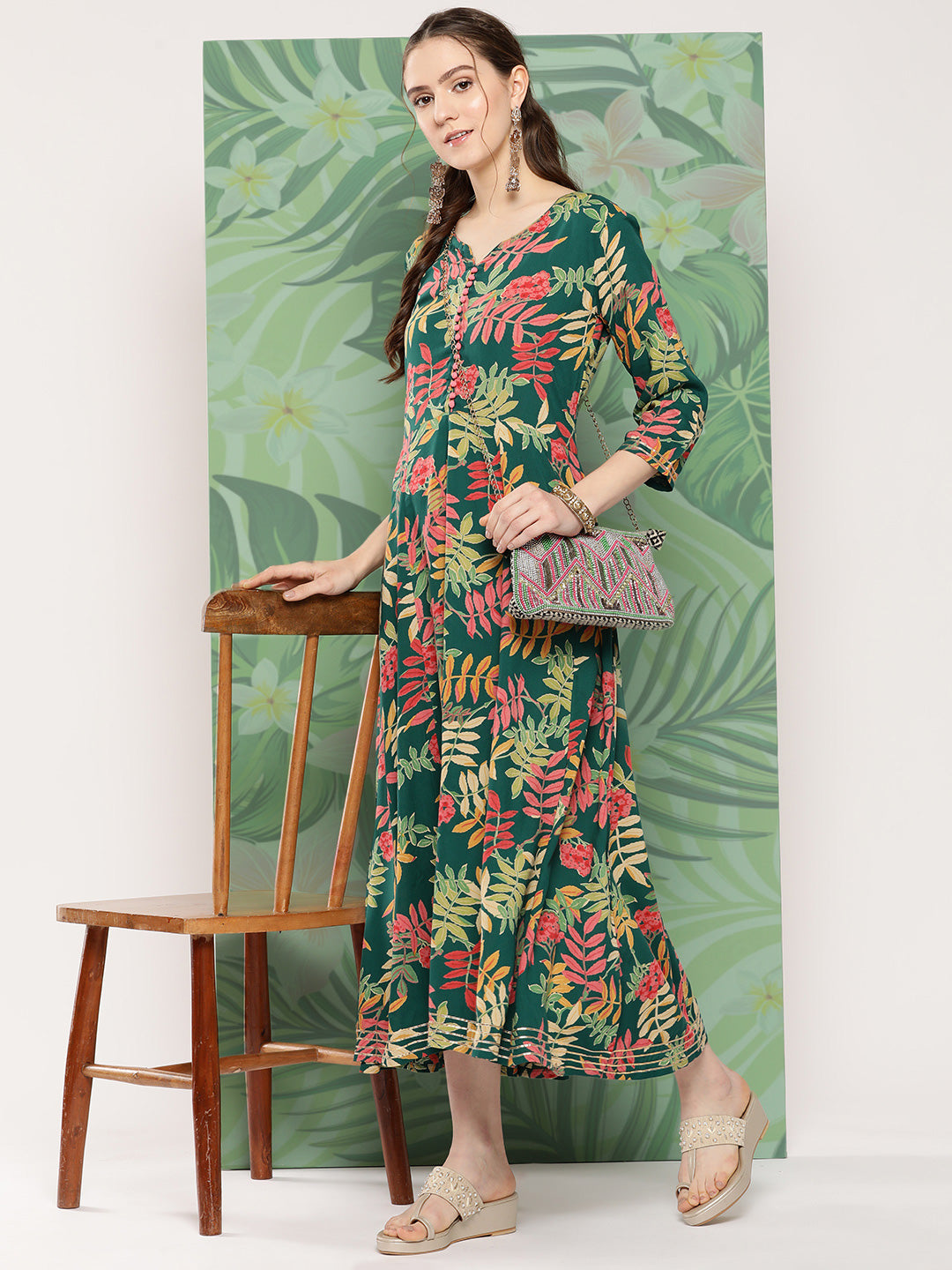Green Tropical Print Gota Long Dress
