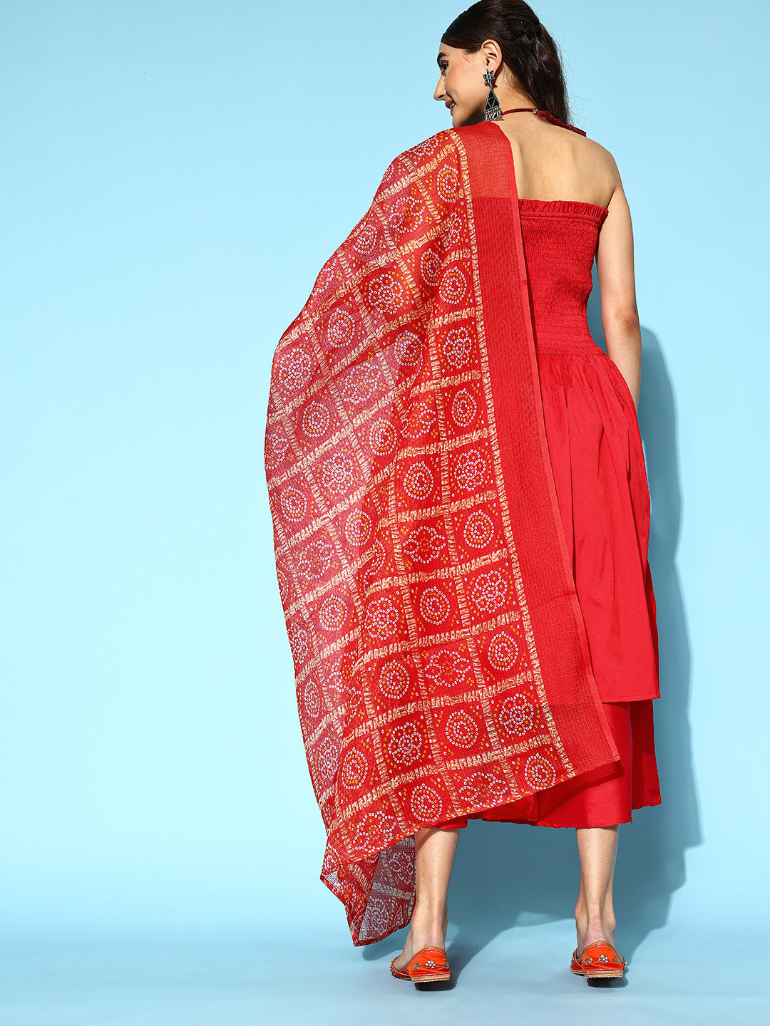 Red Off Shoulder Silk Kurta Set Red Kota Bandhej Dupatta