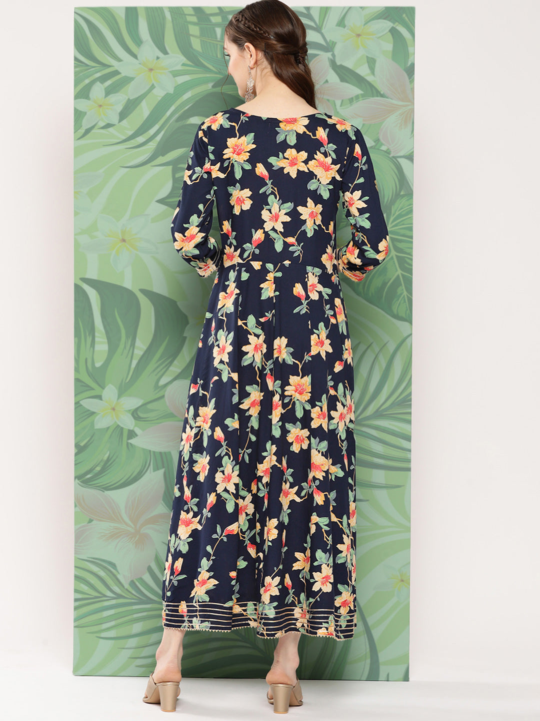 Black Tropical Print Gota Long Dress