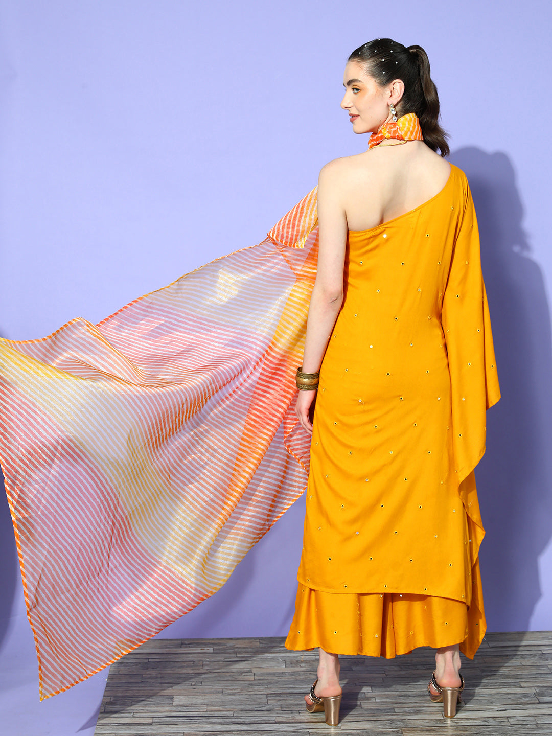 Mustard Mirror Work One Shoulder Kurta Set With Dupatta