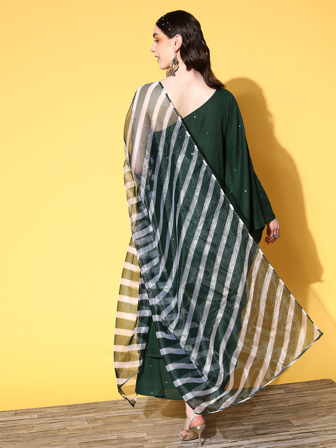 Green Mirror Work One Shoulder Kurta Set With Dupatta