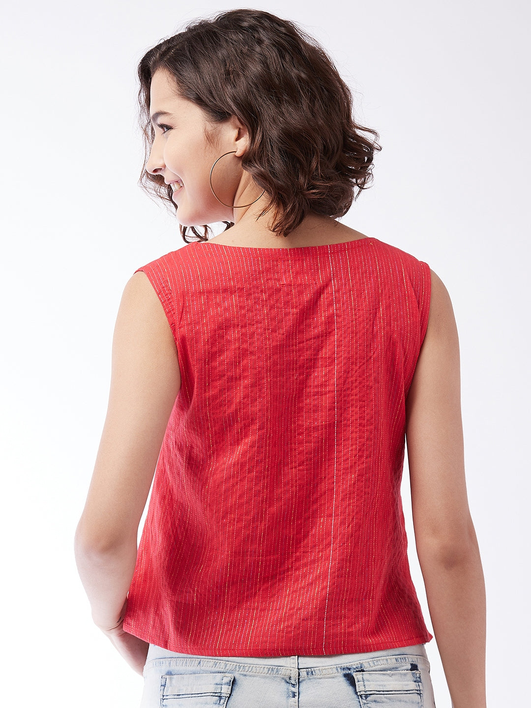 Red Kantha Sleeveless Top For Teens