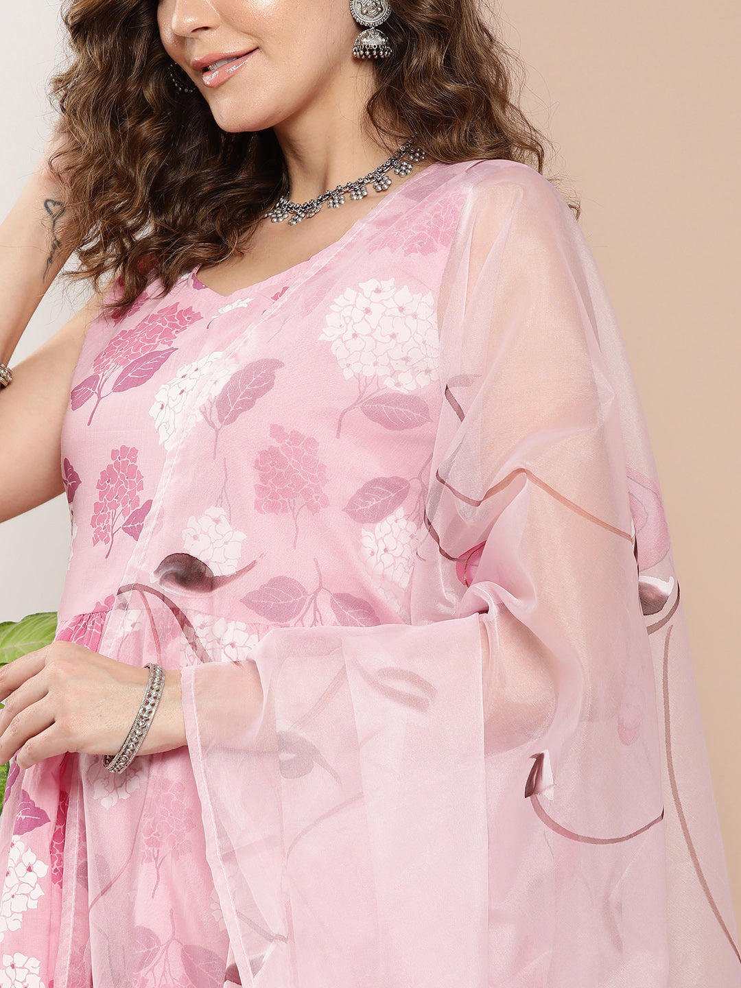 Pink Printed Chintz Tiered Sharara Set With Dupatta