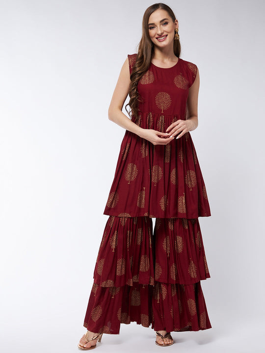 Maroon Gold Print Kurta - Double Layer Sharara Set