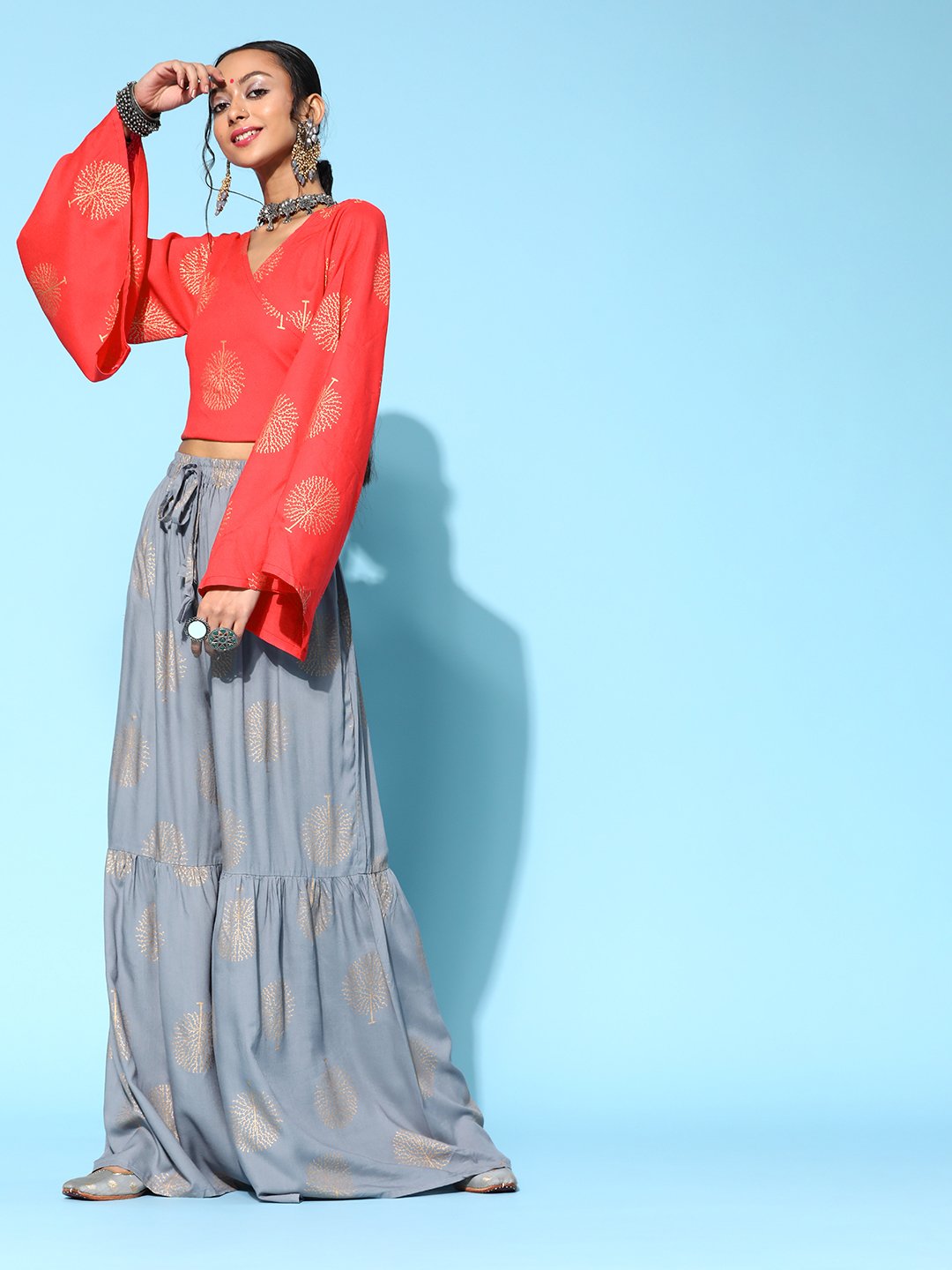 Coral Pink Crop Top With Cloud Gray Sharara Set