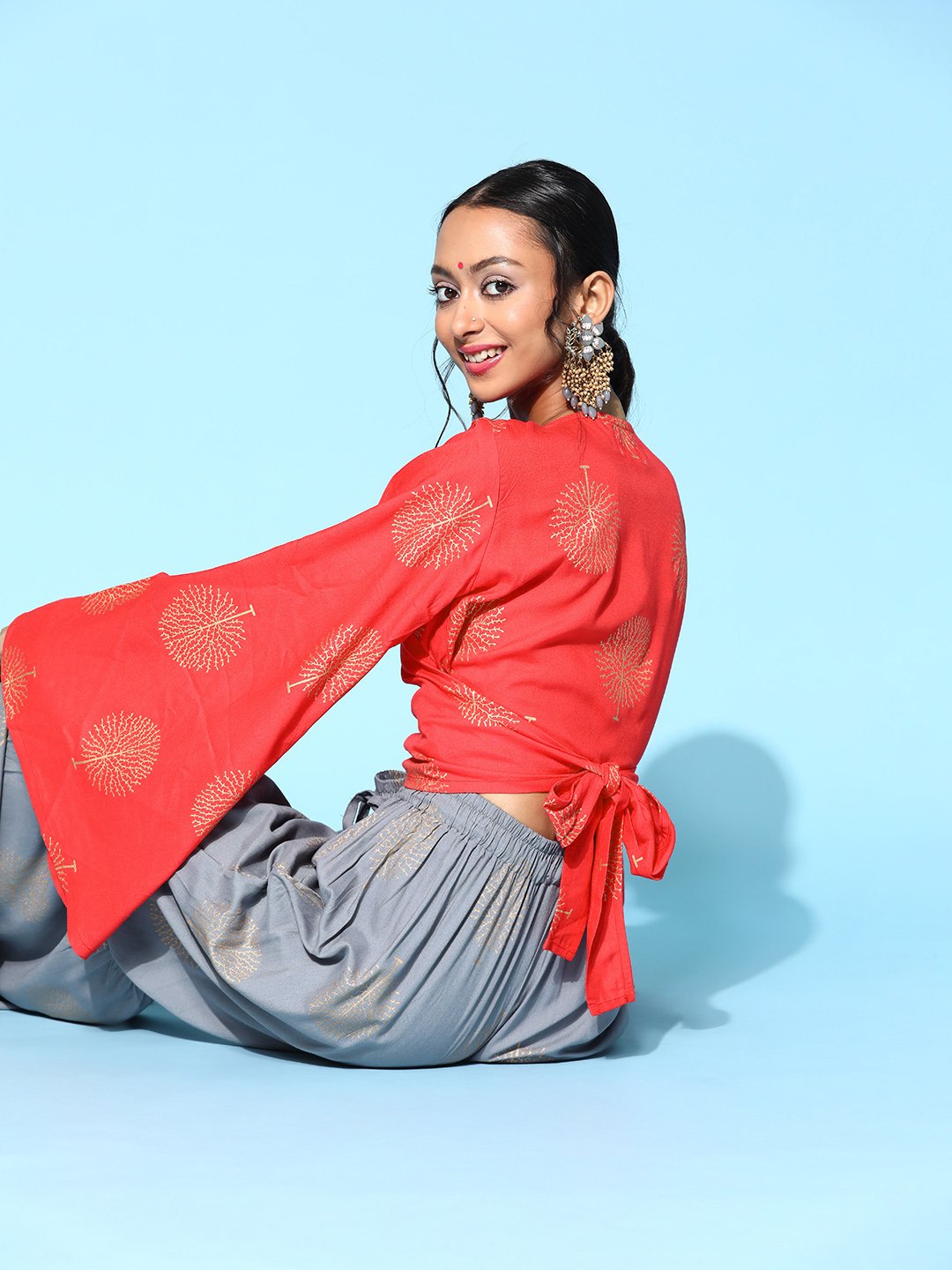 Coral Pink Crop Top With Cloud Gray Sharara Set