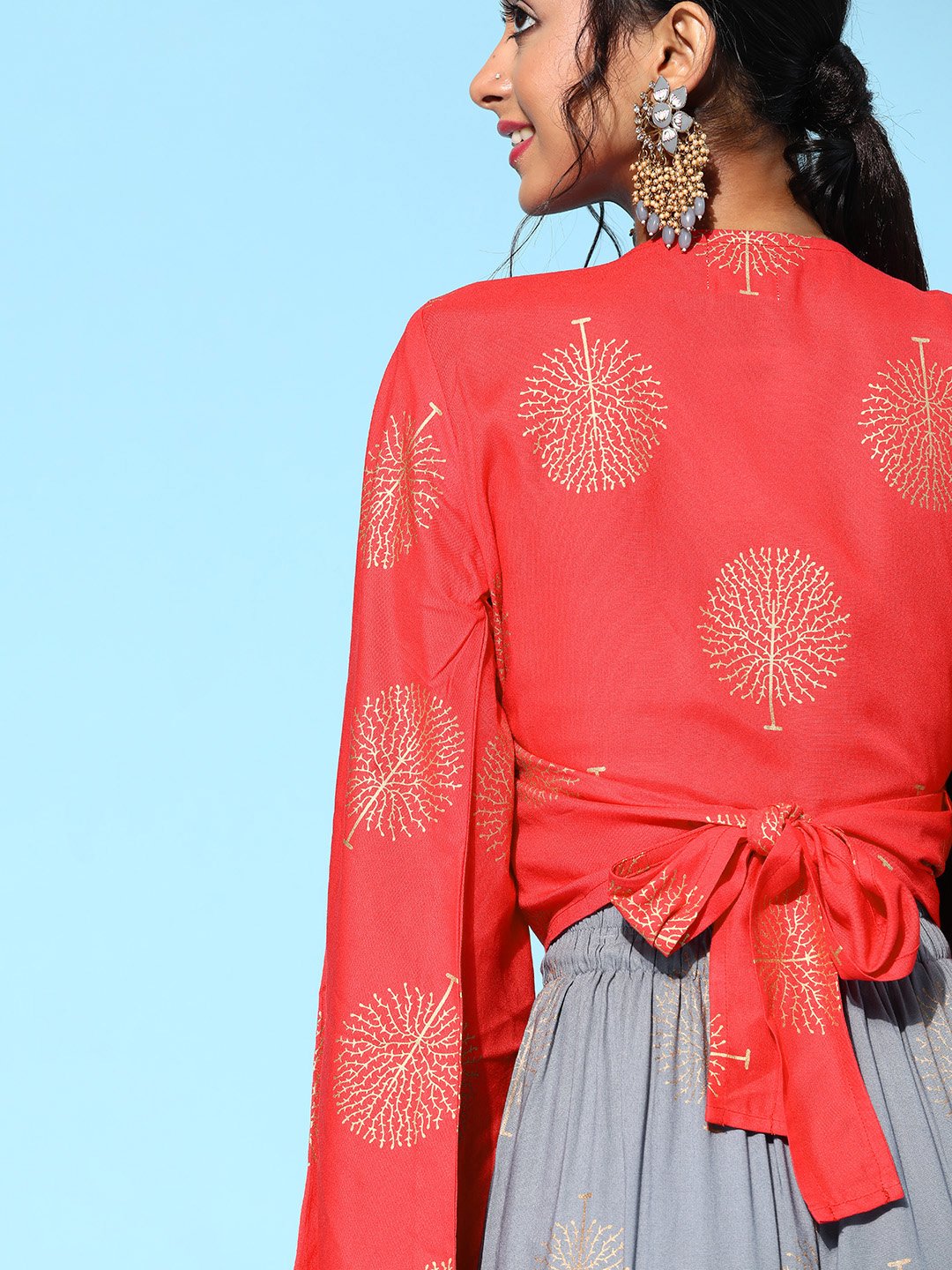 Coral Pink Crop Top With Cloud Gray Sharara Set
