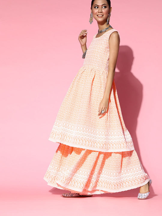 Peach Lace Work Kurta Sharara Set