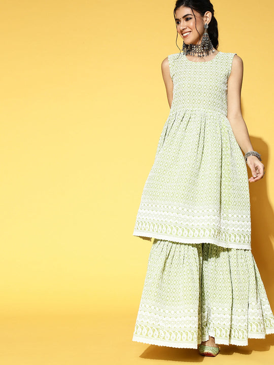 Sage Green Lace Work Kurta Sharara Set