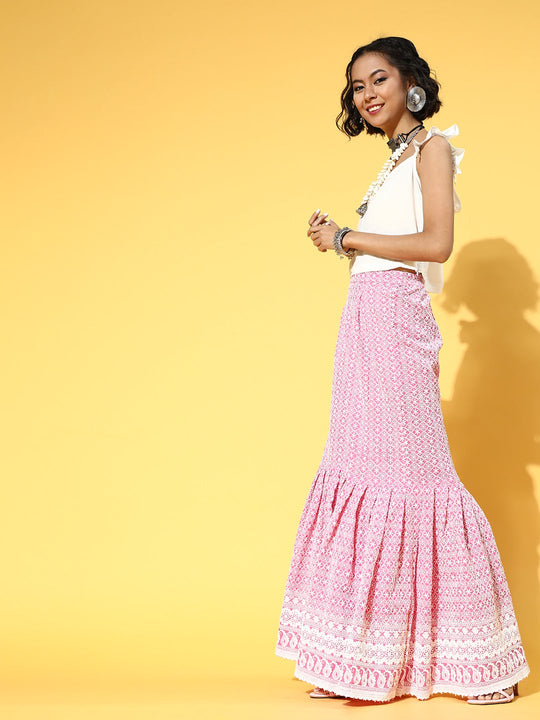 Crop Top With Pink Lace Work Sharara Set