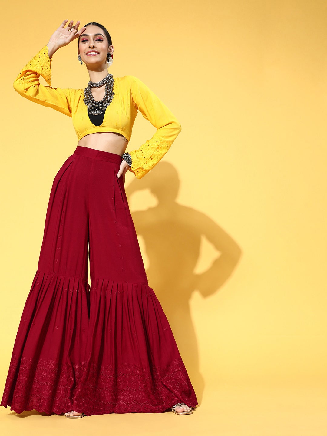 Mustard & Maroon Lace Work Sharara Set