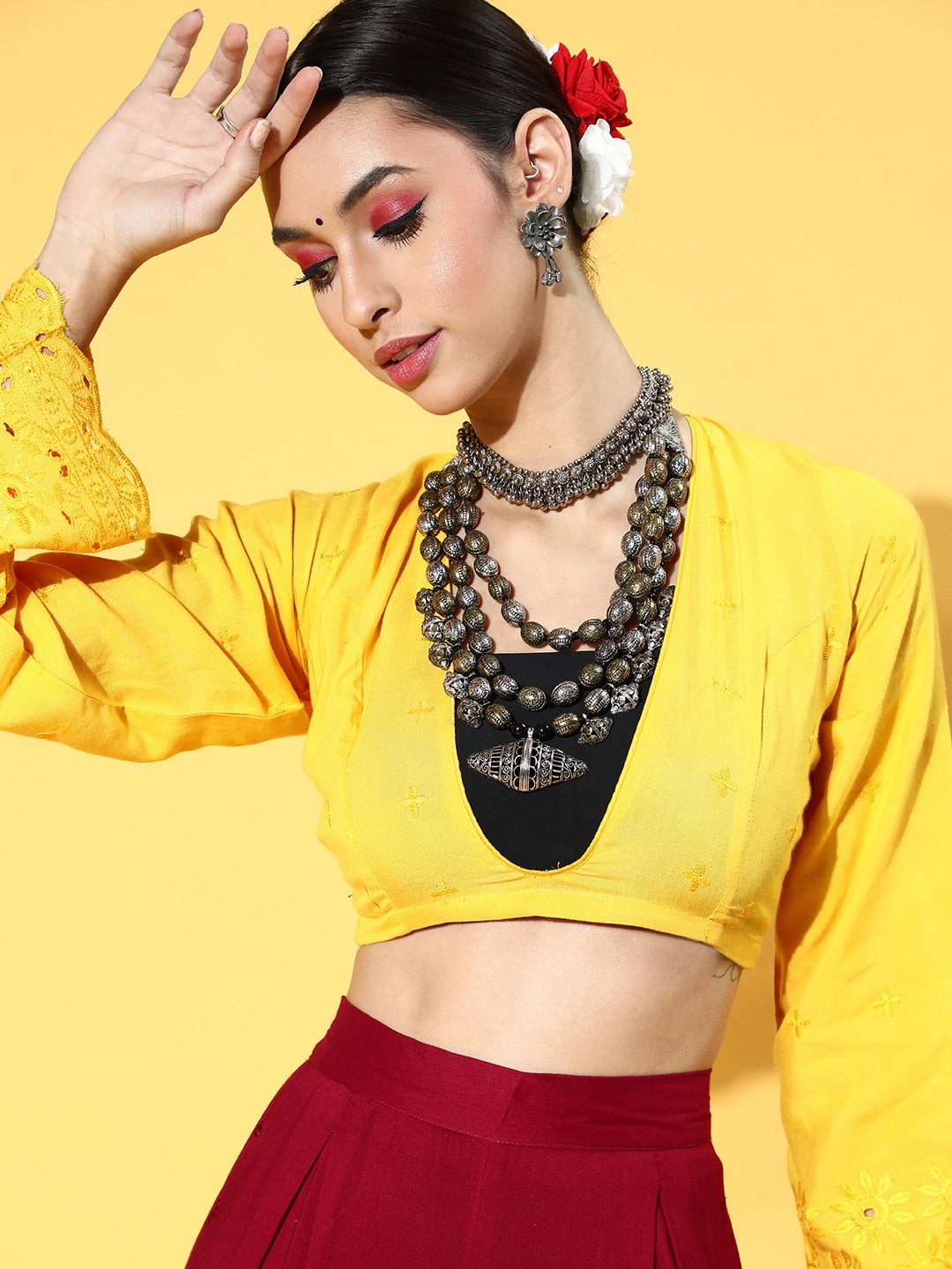 Mustard & Maroon Lace Work Sharara Set