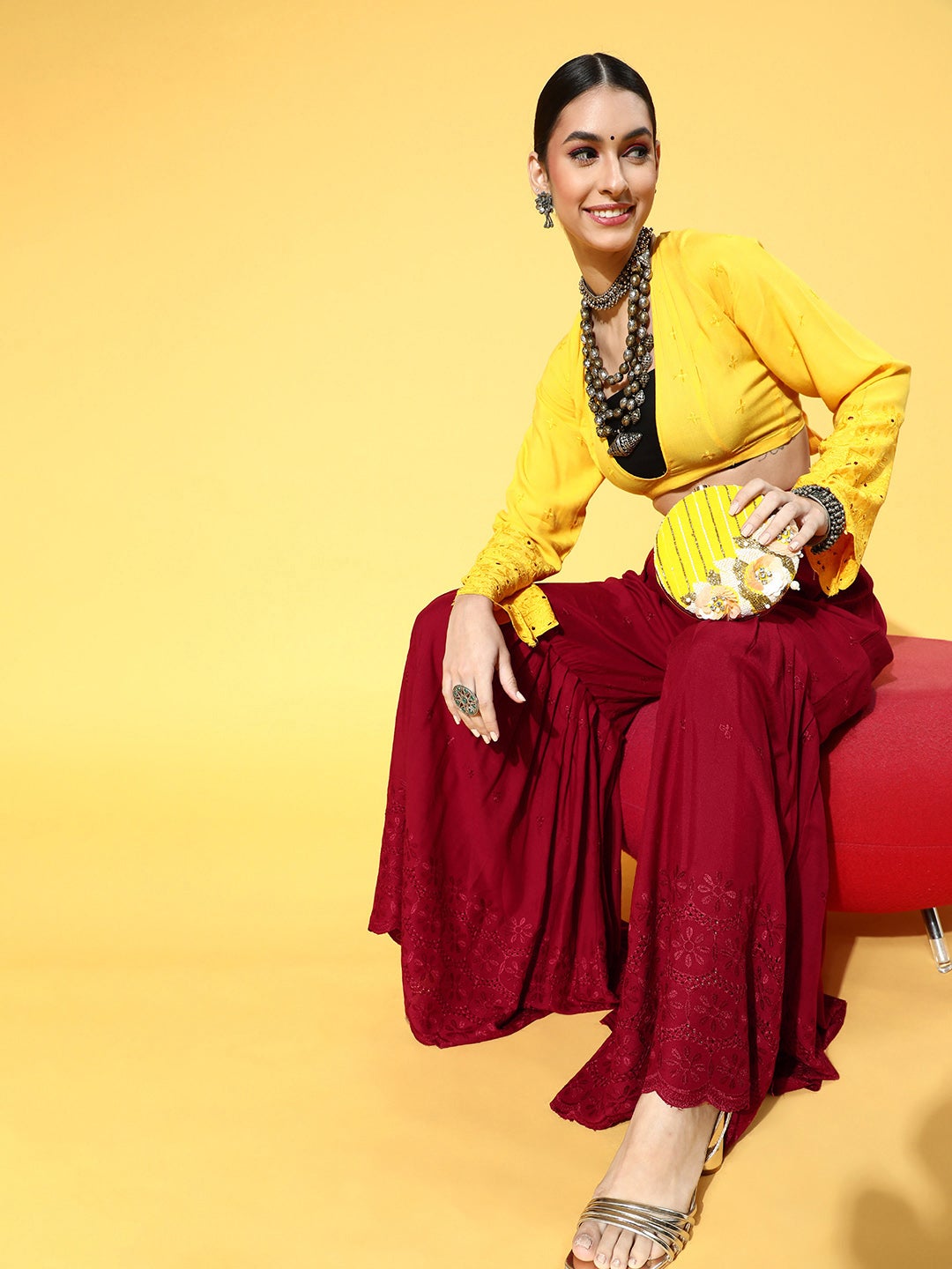 Mustard & Maroon Lace Work Sharara Set