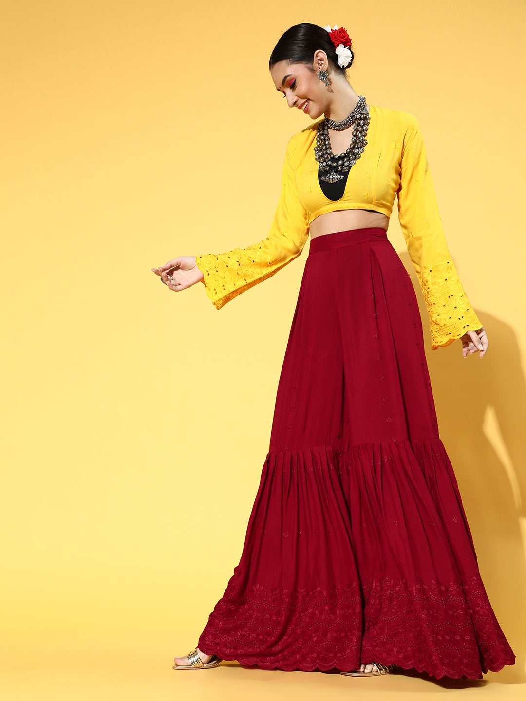 Mustard & Maroon Lace Work Sharara Set