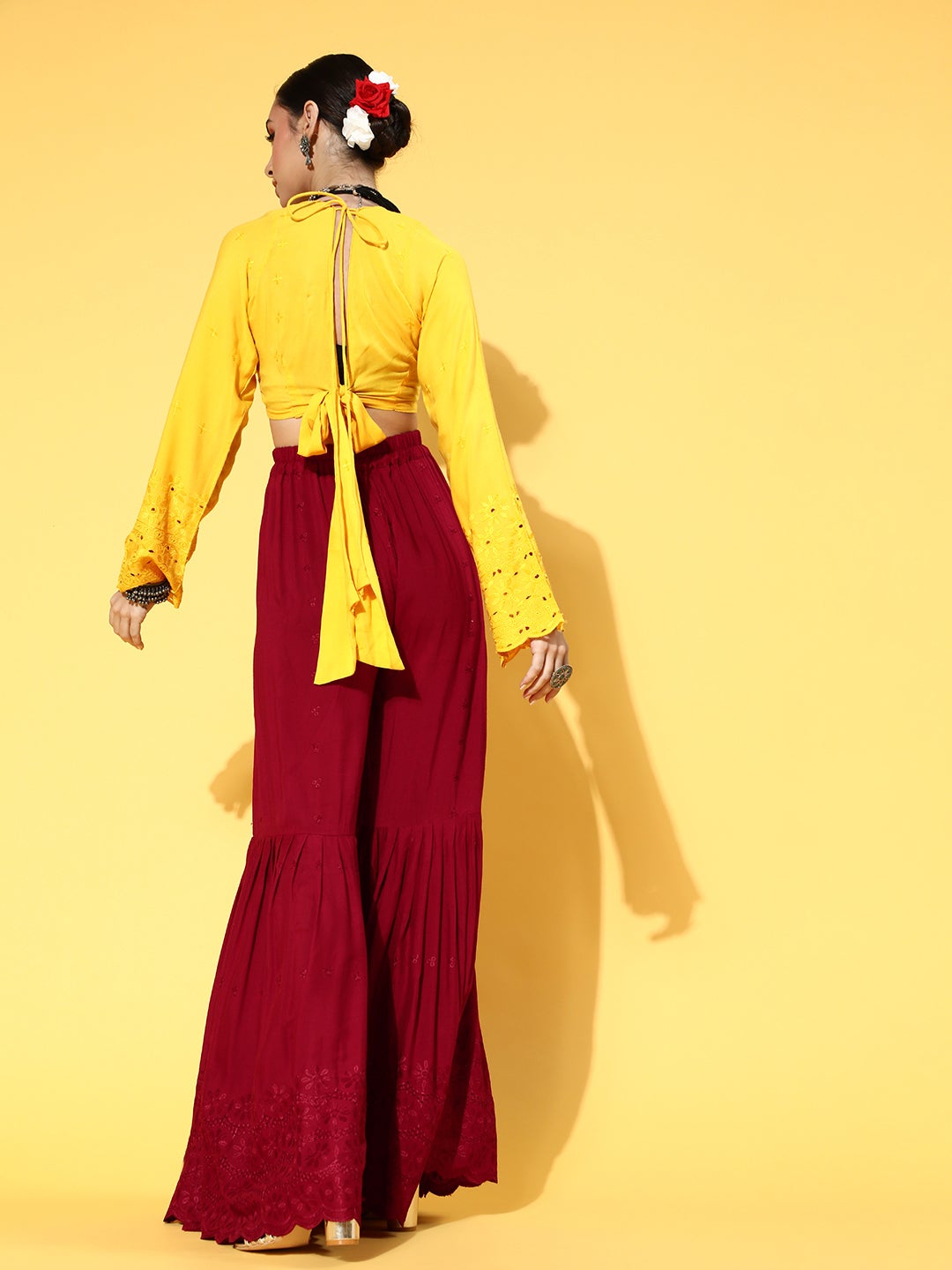 Mustard & Maroon Lace Work Sharara Set