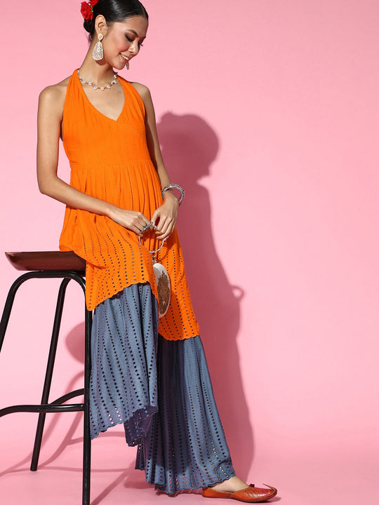 Orange - Grey Backless Kurta Sharara Set