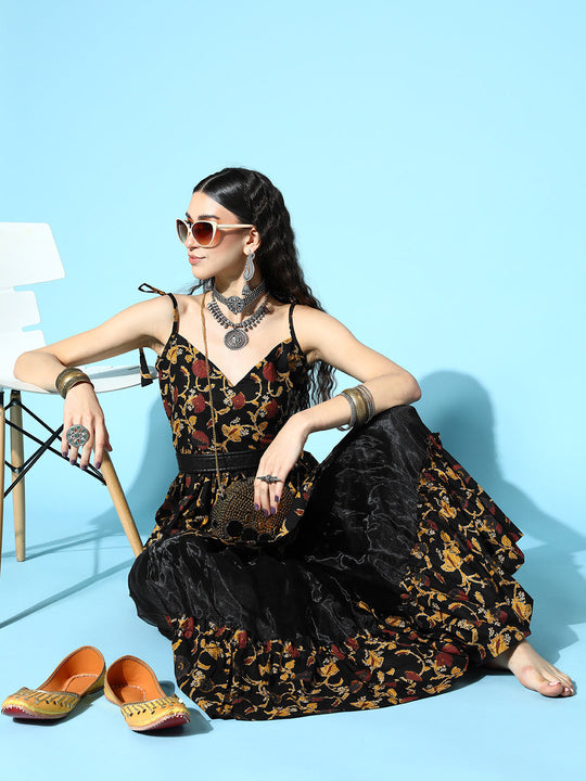 Black Kalamkari Net Sharara Set
