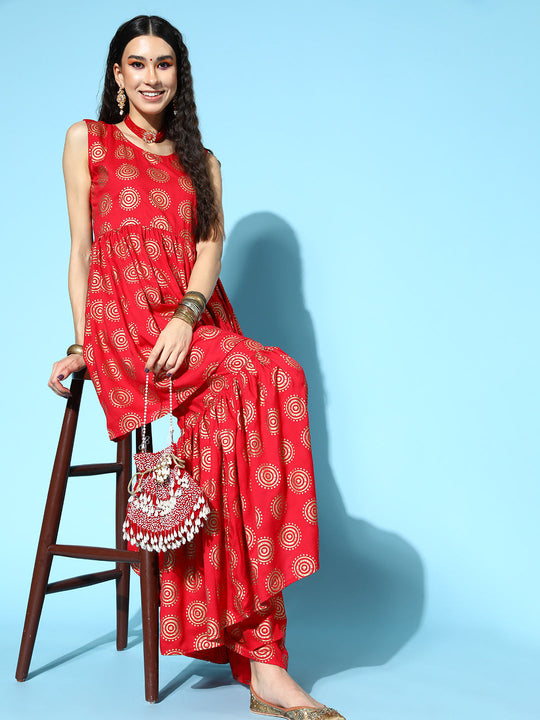 Red Gold Ring Sharara Set