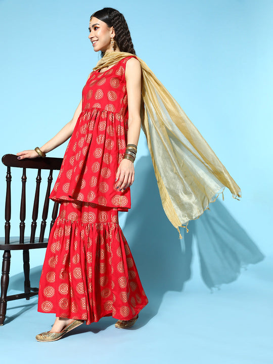 Red Gold Ring Sharara - With Gold Dupatta