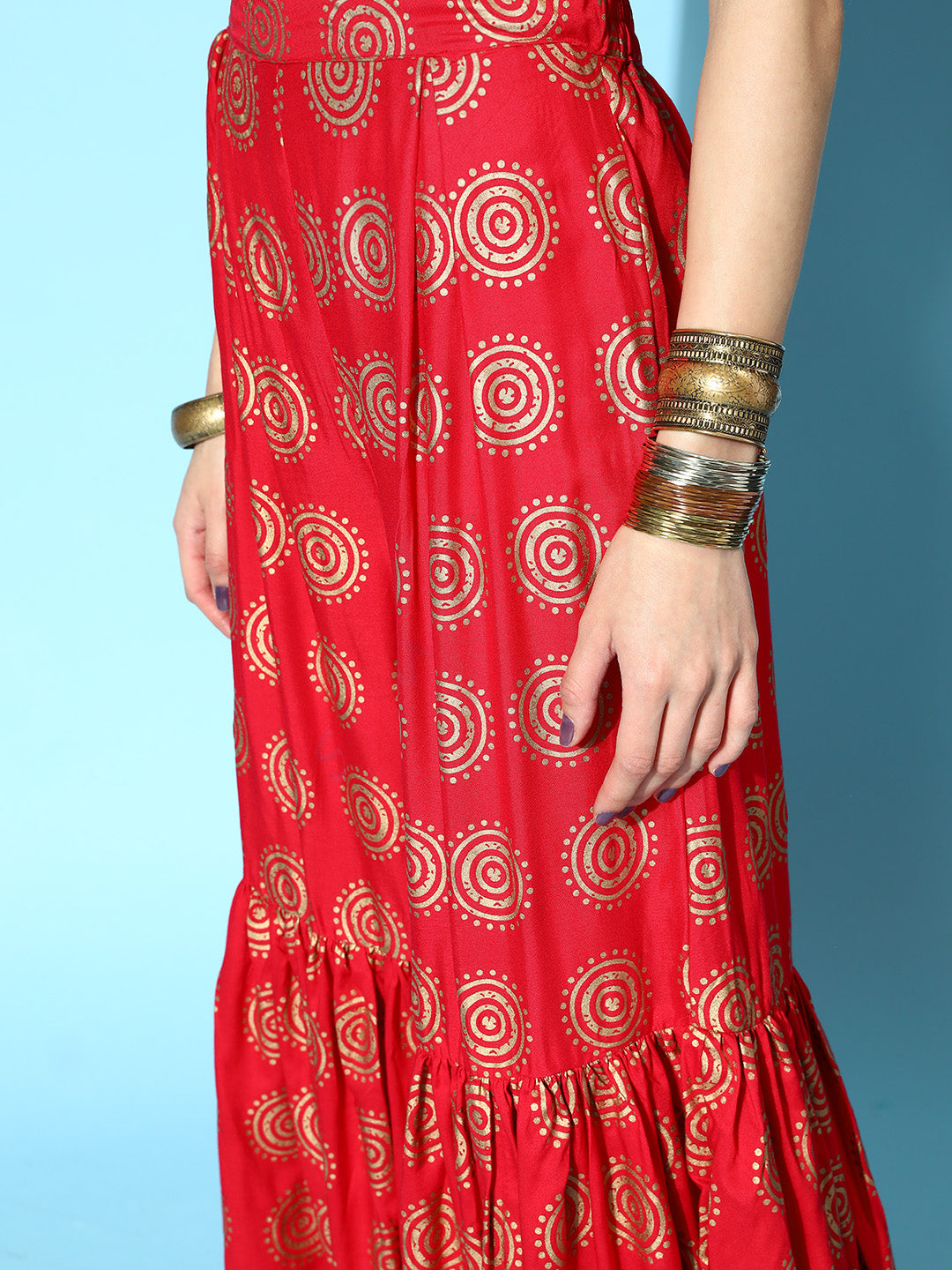 Red Gold Ring Sharara - With Gold Dupatta