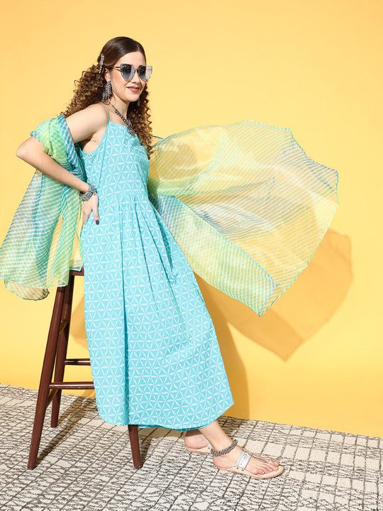 Aqua Blue Strappy Set - Lehriya Dupatta