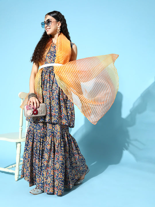 Blue Kalamkari Sharara Dupatta Set