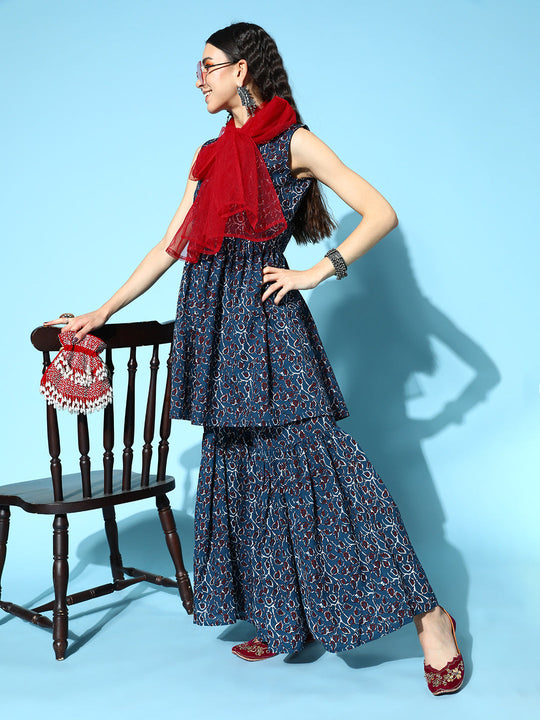 Indigo Jaal Sharara - With Maroon Net Dupatta