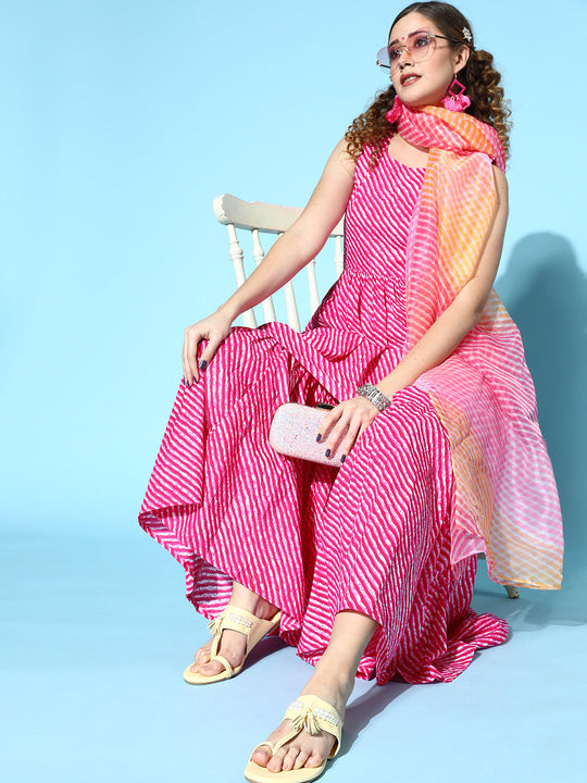 Pink Lehriya Sharara Set -Pink-Yellow Lehriya Dupatta