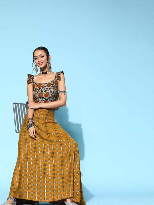 Slate Gray With Dijon Yellow Crop Top And Skirt Set