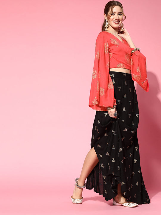 Black Skirt With Coral Pink Top Set
