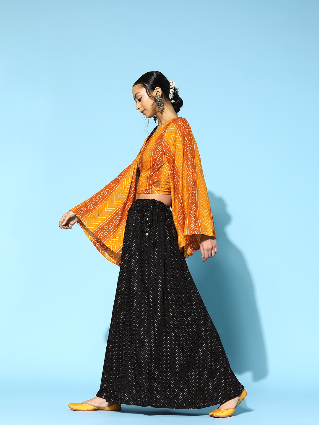 Yam Orange Bandhani Crop Top With Sable Black Skirt Set
