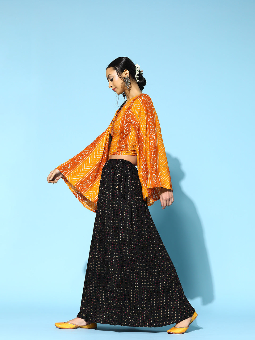 Yam Orange Bandhani Crop Top With Sable Black Skirt Set