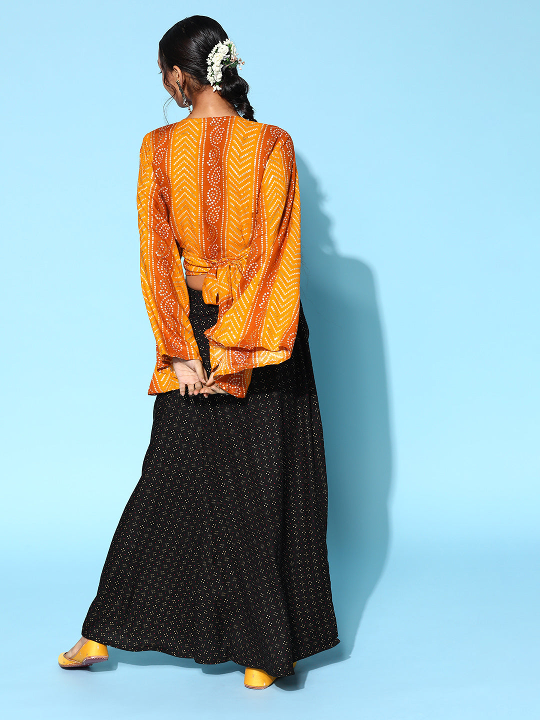 Yam Orange Bandhani Crop Top With Sable Black Skirt Set