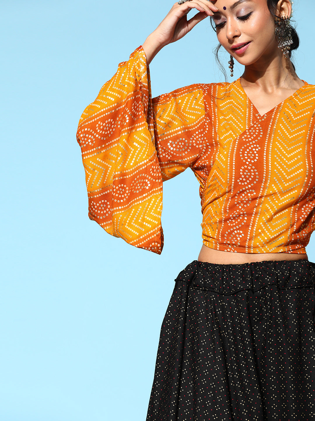 Yam Orange Bandhani Crop Top With Sable Black Skirt Set