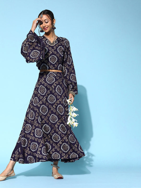 Indigo Gold Bandhani Skirt And Crop Top Set