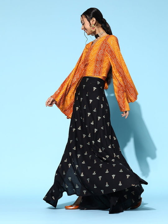 Yam Orange Bandhani Crop Top With Pitch Black Skirt Set