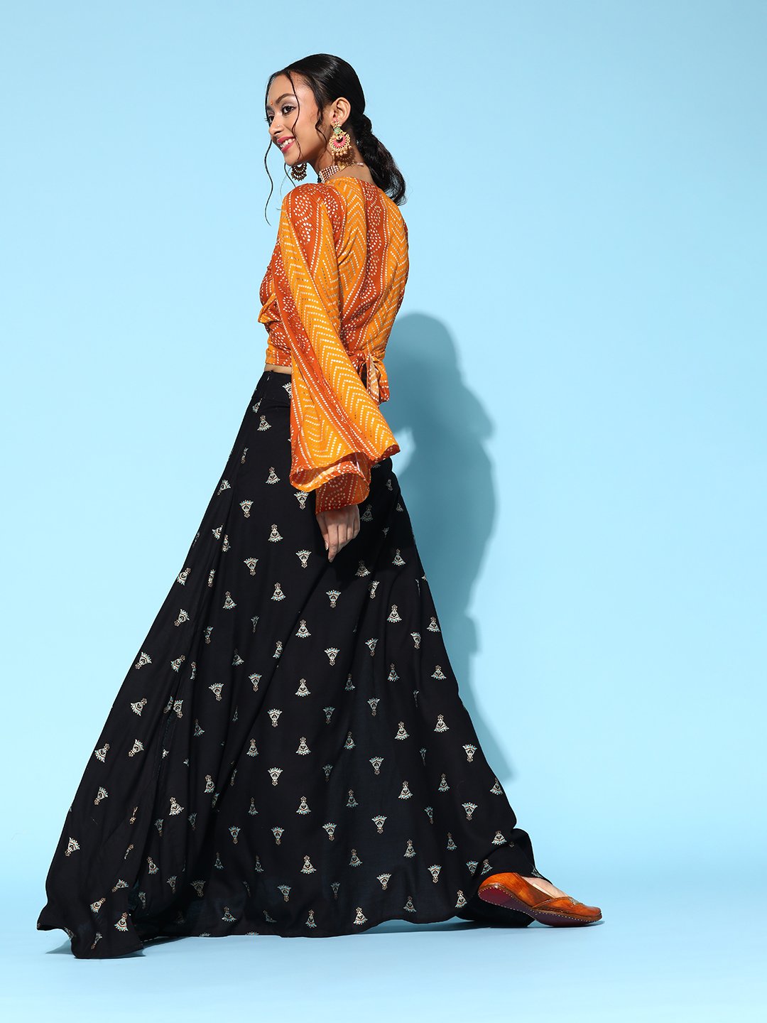 Yam Orange Bandhani Crop Top With Pitch Black Skirt Set