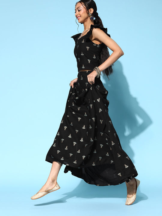 Pitch Black Small Boota Skirt With Crop Top Set