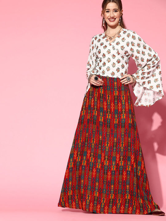 Pearl White Crop Top With Red Abstract Skirt Set