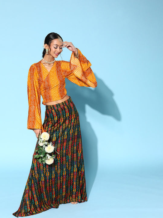 Pine Green Skirt With Yam Orange Bandhani Crop Top Set